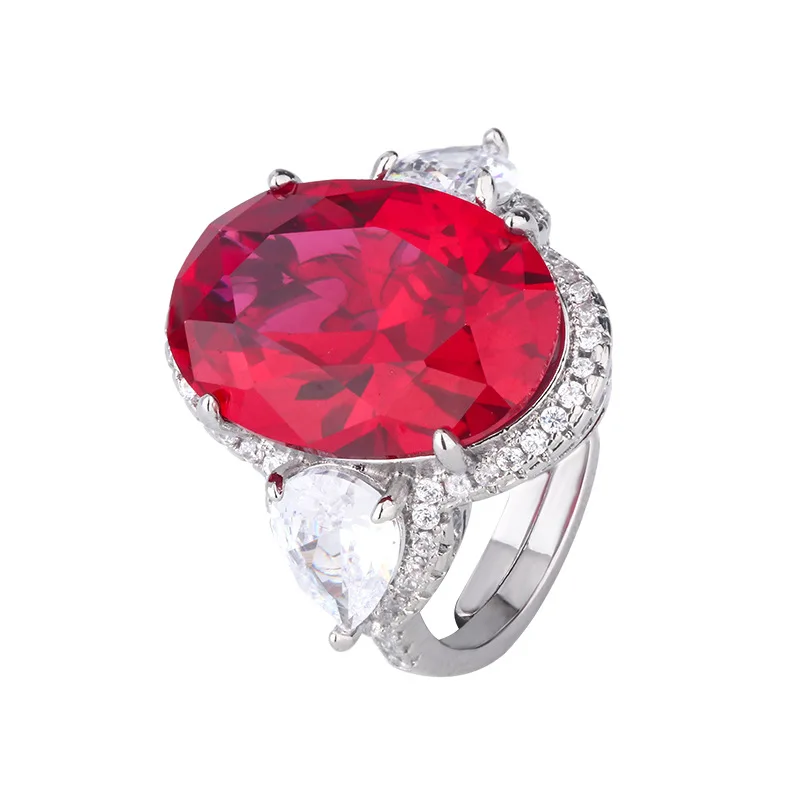 Blue Oval Cut Cubic Zirconia Statement Ring Sparkling Halo Teardrop Side Stones Adjustable Size Fashion Women's Cocktail Jewelry