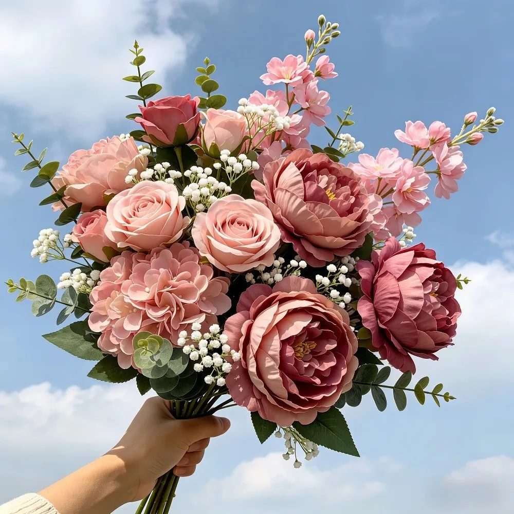 15Pcs Realistic Peony Baby Breath Artificial Flowers Lifelike No Wilting Peony Bouquet with Baby Breath Real Touch Handmade