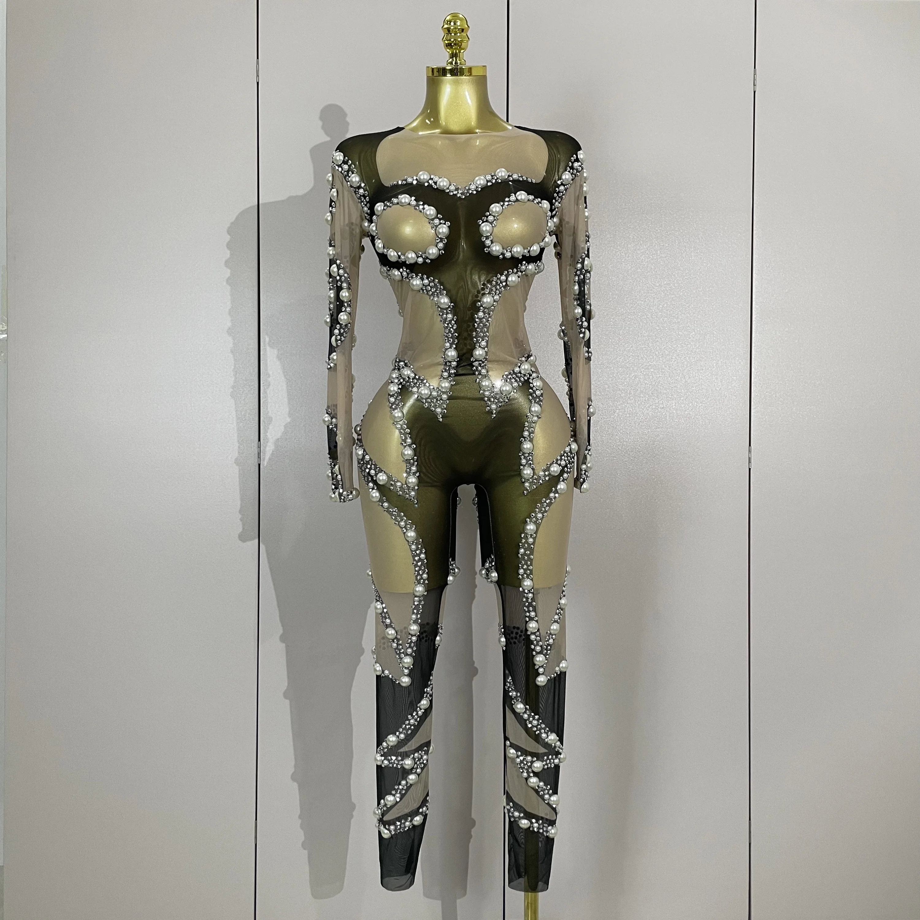 

Sparkly Pearl Diamond Mesh Transparent Long Sleeve Jumpsuit Women Celebrate Luxury Birthday Sexy Nightclub Dancer Stage Costume