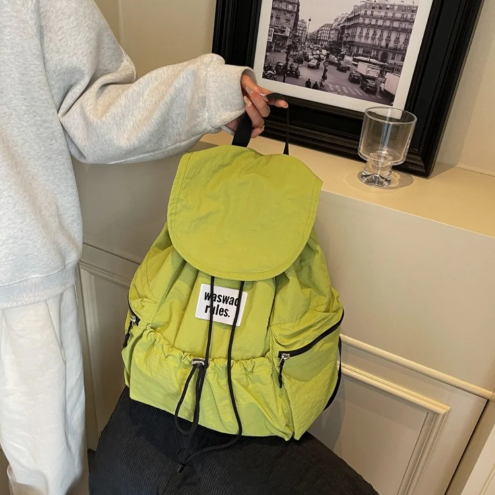 

Fashion Solid Color Drawsting Backpacks Nylon Large Capacity Ruched Shoulder Bags Casual Light Weight Student Schoolbag Unisex