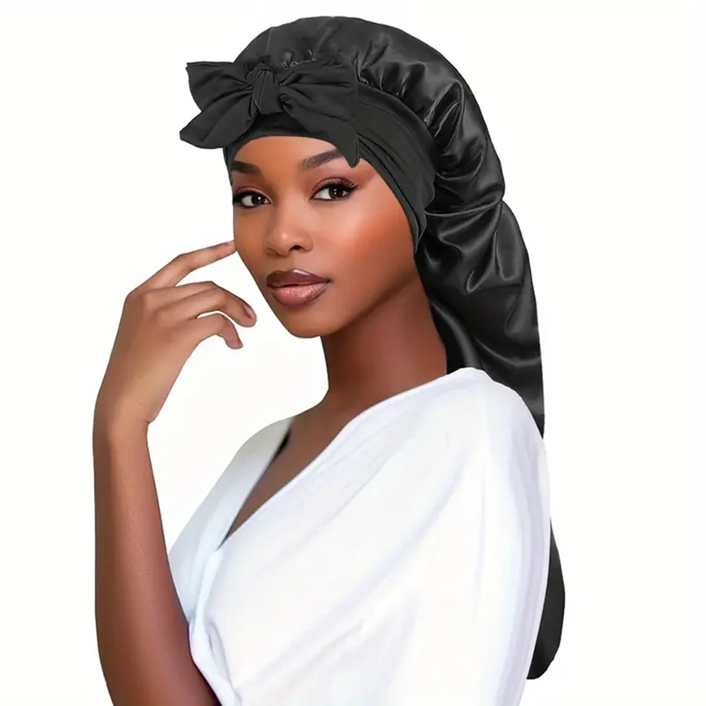 Bowknot Braid Bonnet, Unscented Satin Sleep Cap with Elastic Band and Long Tie for Women - Breathable Night Hair Bonnet