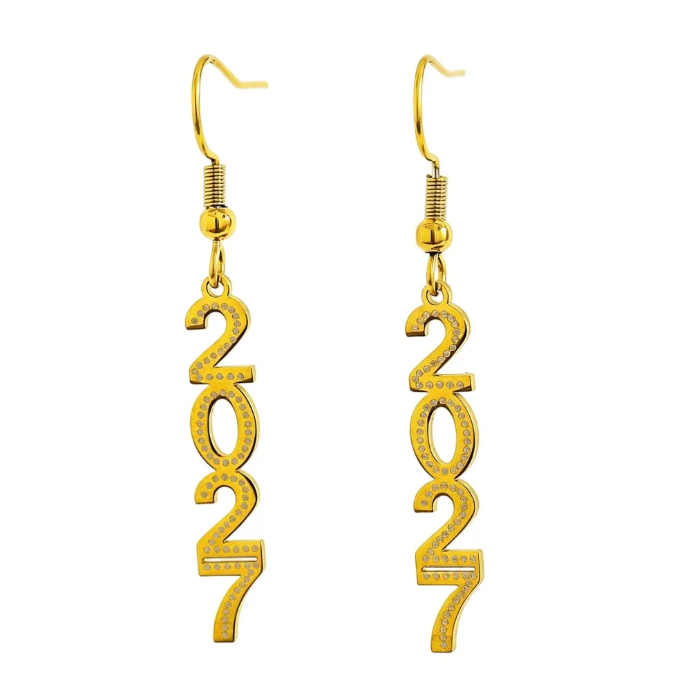 Rhinestone 2027 Digital Earrings Stainless Steel Hollowed-out Happy New Year Earrings Heart Long Drop Gold Stud Earrings