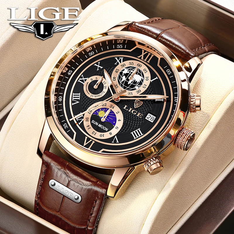 

LIGE брендовые роскошные мужские часы, деловые модные кварцевые наручные часы, спортивные водонепроницаемые часы со светящимся кожаным ремешком, мужские часы Reloj hombre