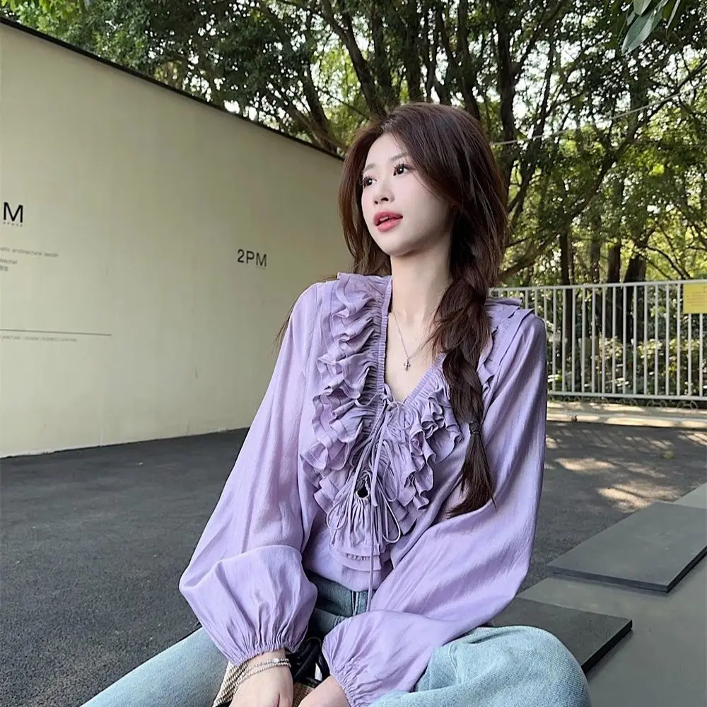 French ruffle edge drawstring V-neck shirt women's 2025 spring new  niche unique chic long-sleeved shirt