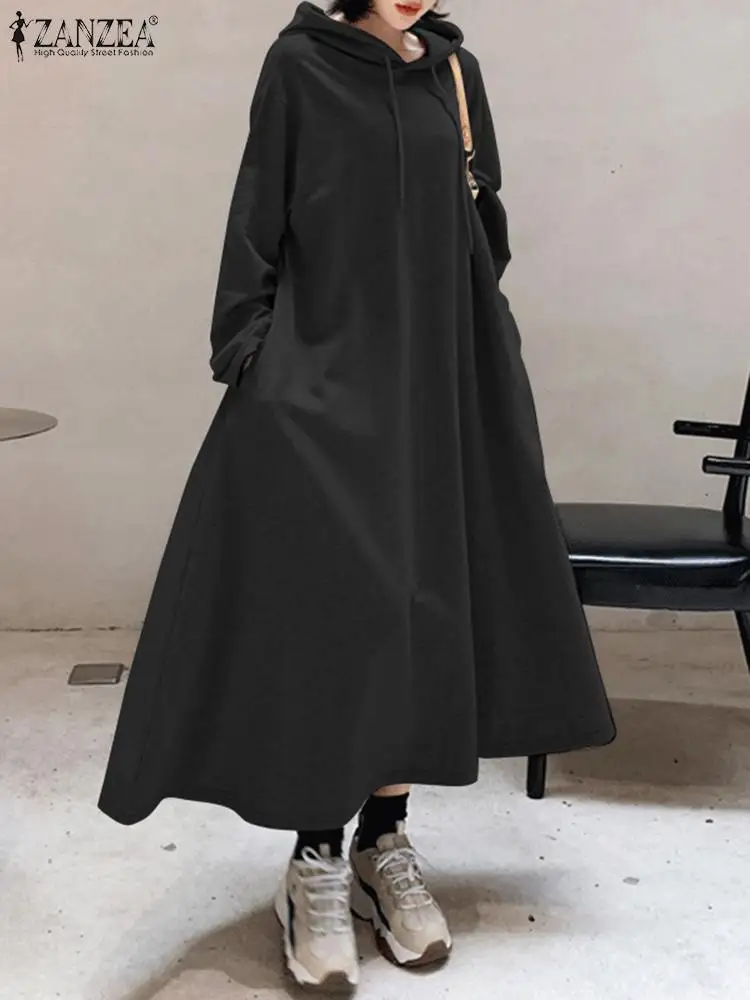 Autumn Sweatshirt Dress ZANZEA Women Winter Hoodies Long Sleeve A-Line Maxi Sundress Casual Hooded Pullover Vestido Oversized