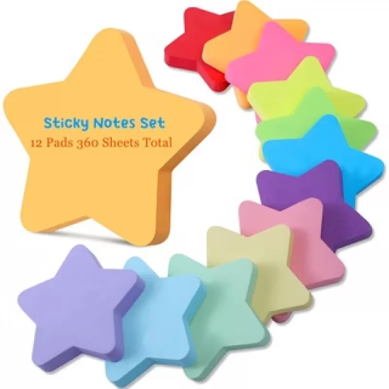 12 Packs of Star-Shaped Self-Adhesive Notepaper Notepad. Bright and Colorful. Creative Notes. Cute Designs. Strong Adhesion.