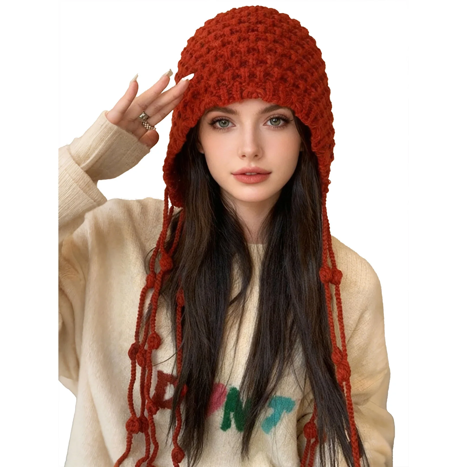 Fashionable Knit Hat Crochet Beanie Tassel Ear Flaps Knit Hat with Pompom Skull Cap for Women Warmer Hat 4