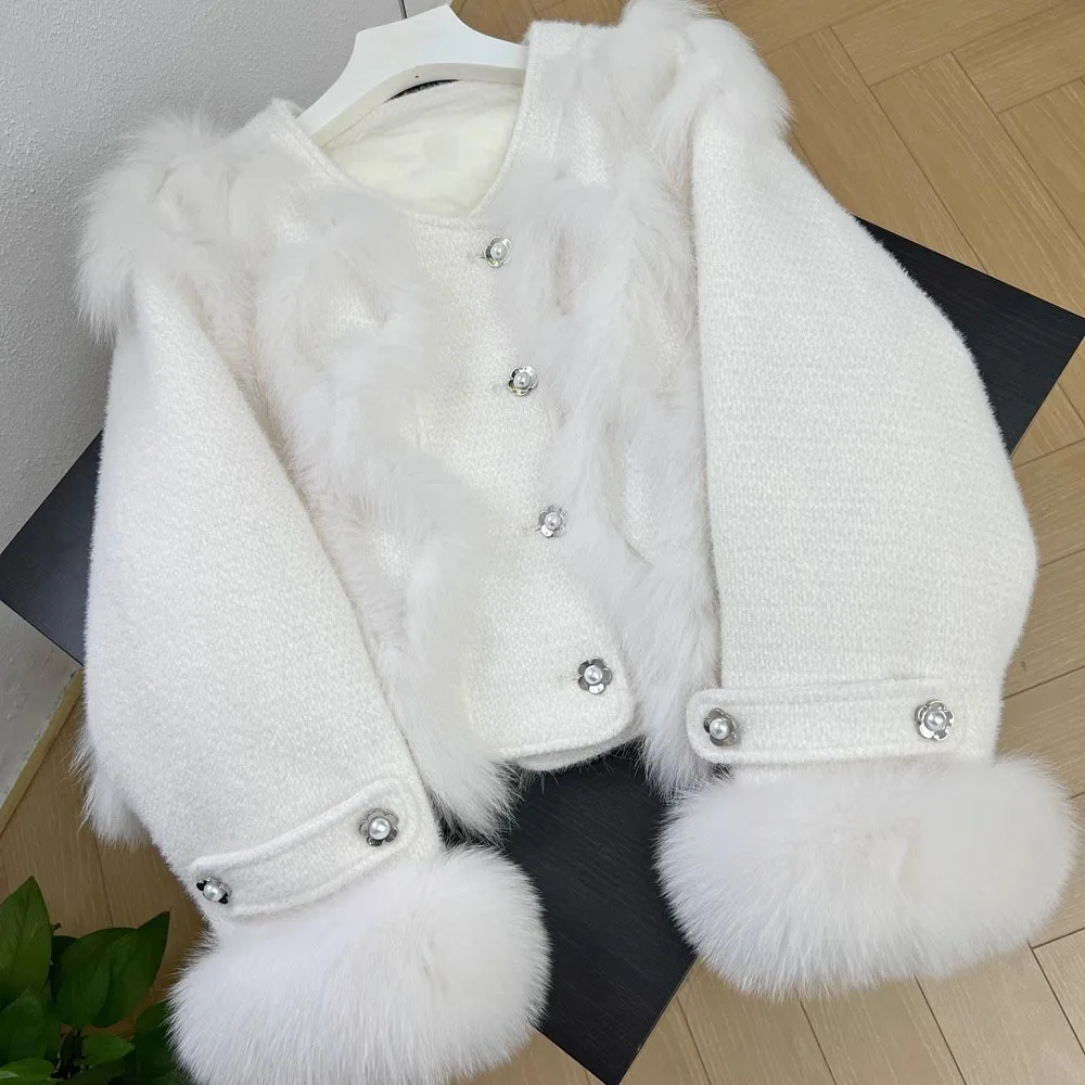 

MENINA BONITA 2023 New Real Fur Coat Winter Jacket Women Natural Fox Fur Fluffy Weave Knitted Sweater Single Breasted Streetwear