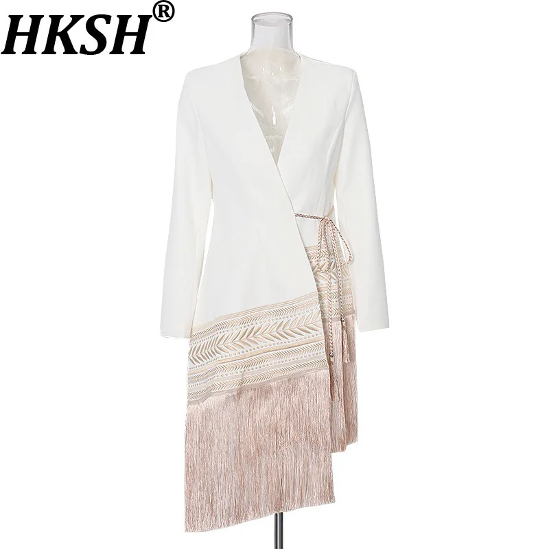 

HKSH Spring Autumn New Women Fashion Embroidery Irregular Hem Tassels Blazer Patchwork Slim Elegant Casual Coats Chic Ins HK8953