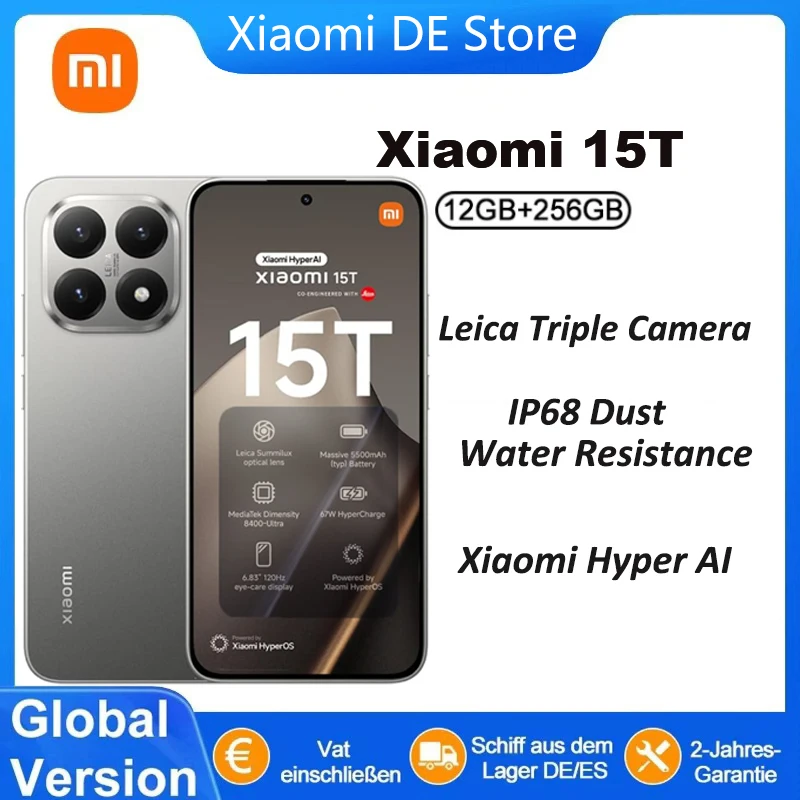 Smartphone Xiaomi 15T 5G Version Globale, Corps Ultra-Mince 7,5 mm, Écran AMOLED 6,83 pouces 120 Hz, Processeur MTK Dimensity 8400-Ultra, Batterie 5500 mAh, Triple Caméra Leica, Sans Chargeur