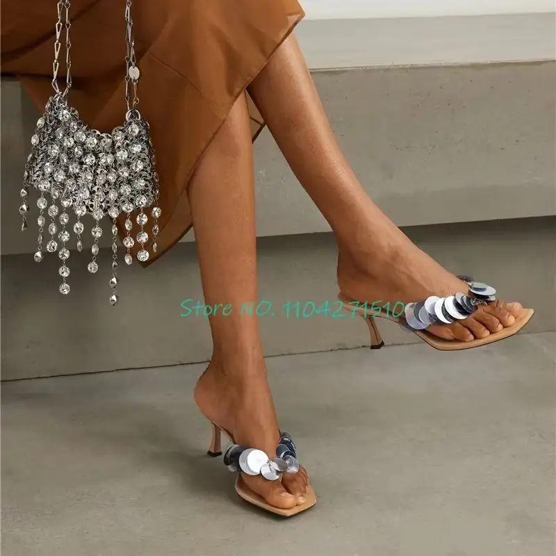 

Summer New Sequin Decor Flip Flops French Mint Green Square Toe Suede High Heels Slippers Mules Sexy Elegant Women Beach Shoes