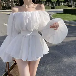 Sexy One Word Girl Spring and Autumn New Unique Waist Bubble Sleeve Shirt French Fold Bubble Sleeve Girl
