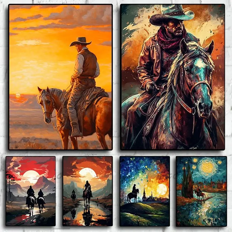 Impressionism Cowboy and Horse Poster Western Landscape Artwork Canvas Wild West Wall Art Picture Home Decor Gift Idea