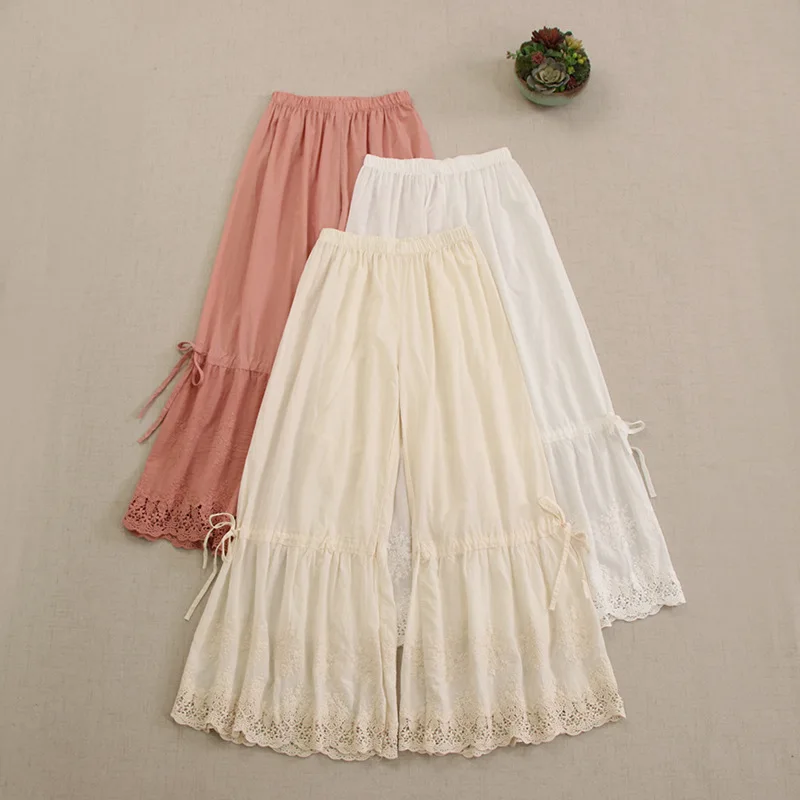 

Sweet Mori Girl Solid Color Embroidery Lace Up Thin Cotton Wide Leg Pants Women Spring Elastic Waist Casual Loose Cropped Pants