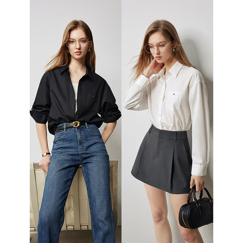 TOYOUTH Women Blouse Shirt 2024 Autumn New Long Sleeve Minimalist Polo Neck Workwear Shirt Tops