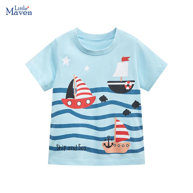 Little maven 2024 Tops Tees Children\'s Clothing Summer Kids Clothes for Baby Boys Cartoon Sailboats T Shirts Cotton