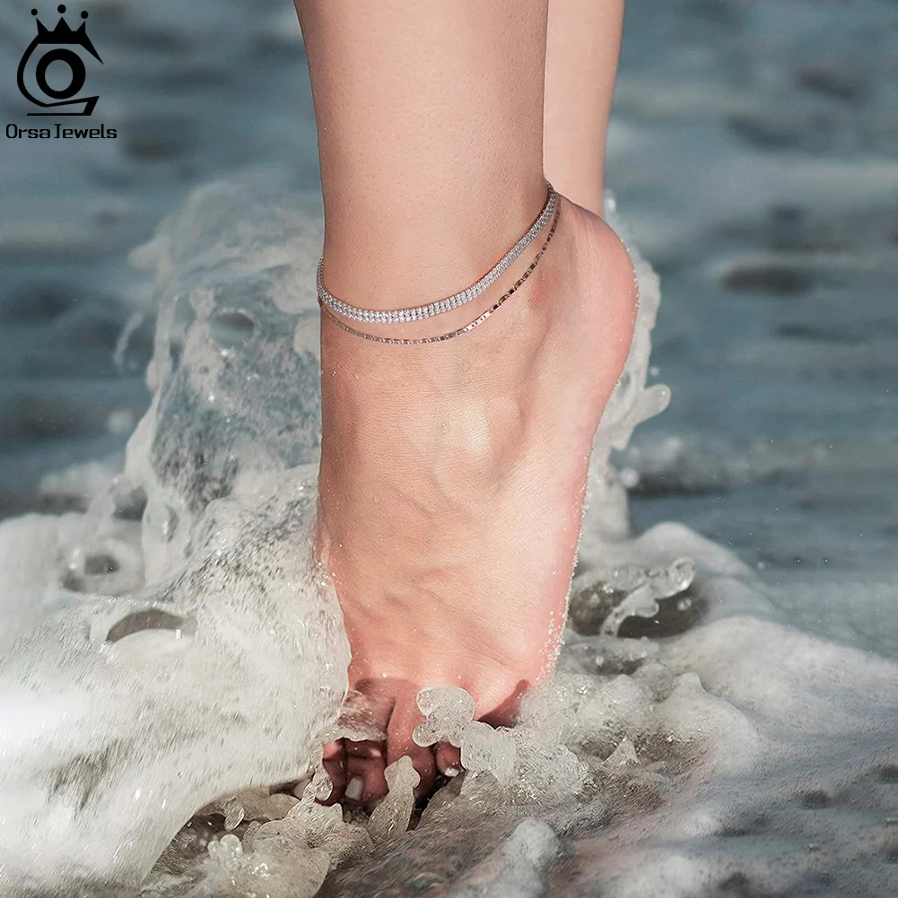 

ORSA JEWELS Real 925 Sterling Silver 2mm Flat Mariner Chain Anklets Minimalist Fine Jewelry Summer Beach Accessories Gift SA29