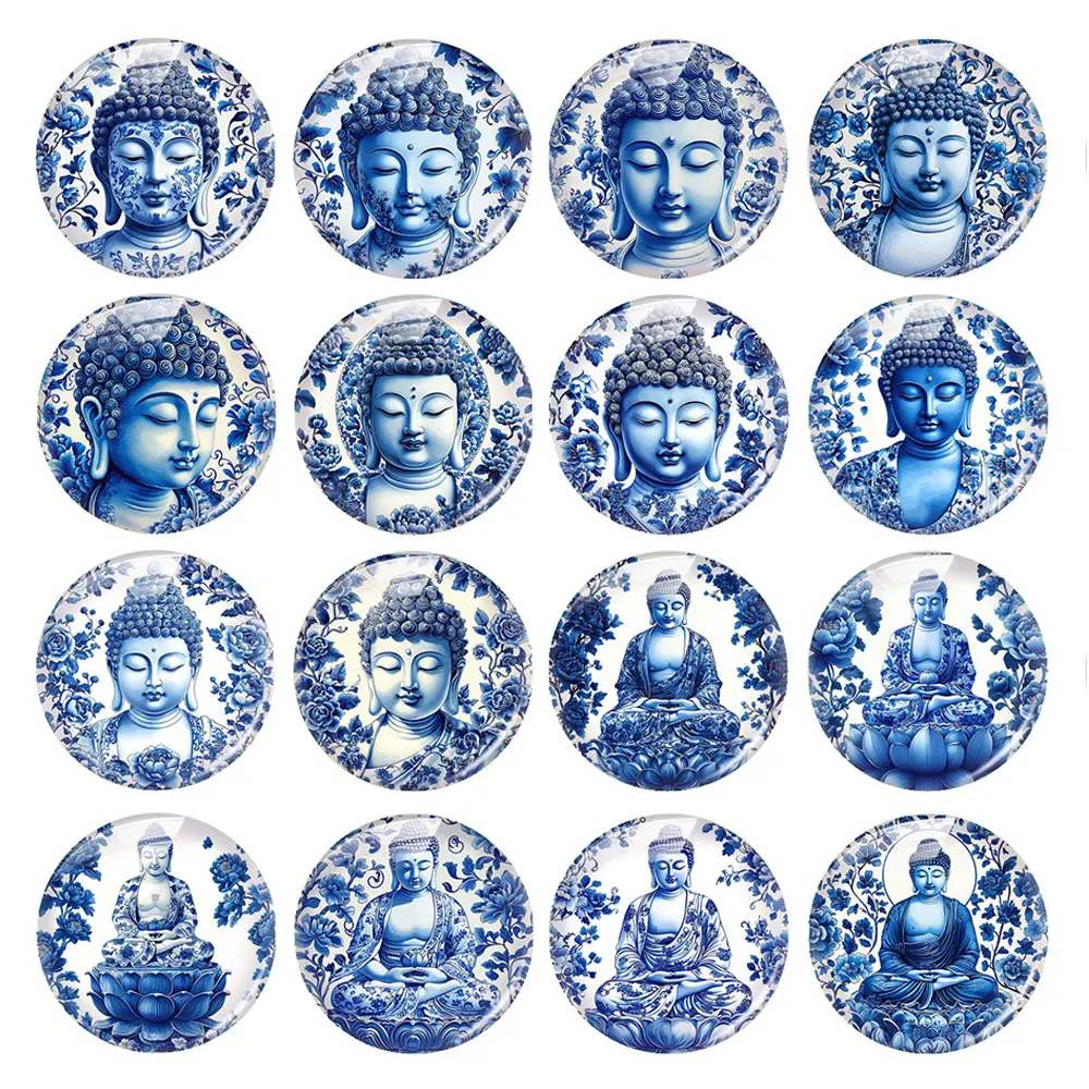 Random Mixed Round/Oval/Square Blue White Porcelain Buddha Photo Glass Cabochon Flatback Demo Cameo For Diy Jewelry Making