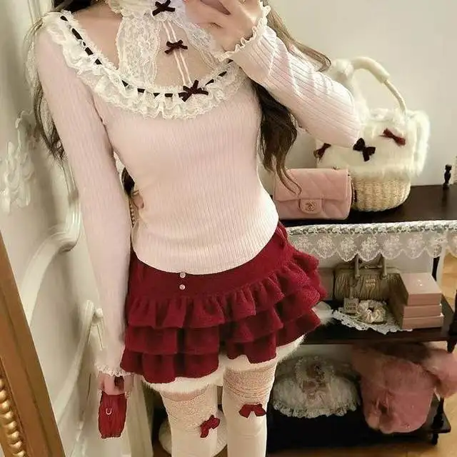 

Футболка Pure Desire, женские милые кружевные лоскутные футболки, элегантная базовая рубашка с длинными рукавами, тонкий топ, нежный Ropa De Mujer