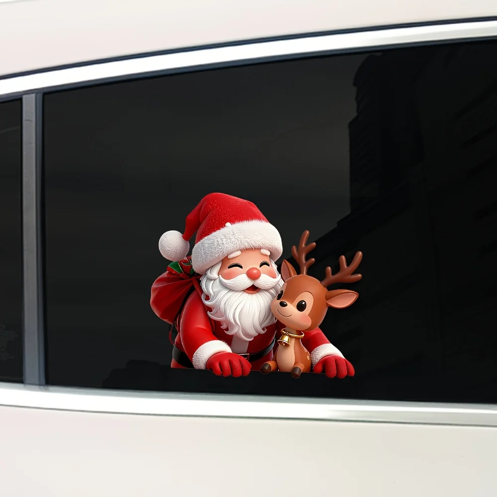 Cartoon Santa Reindeer Peek Window Sticker Christmas Vinyl Decal Car Truck SUV Bumper Funny Holiday Decor