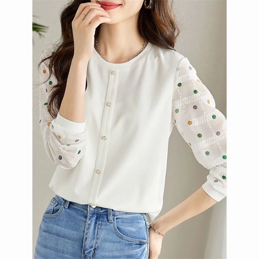 Women Spring Autumn Style Blouses Shirts Lady Casual Long Sleeve O-Neck Polka Dot Printed Blusas Tops DF4719