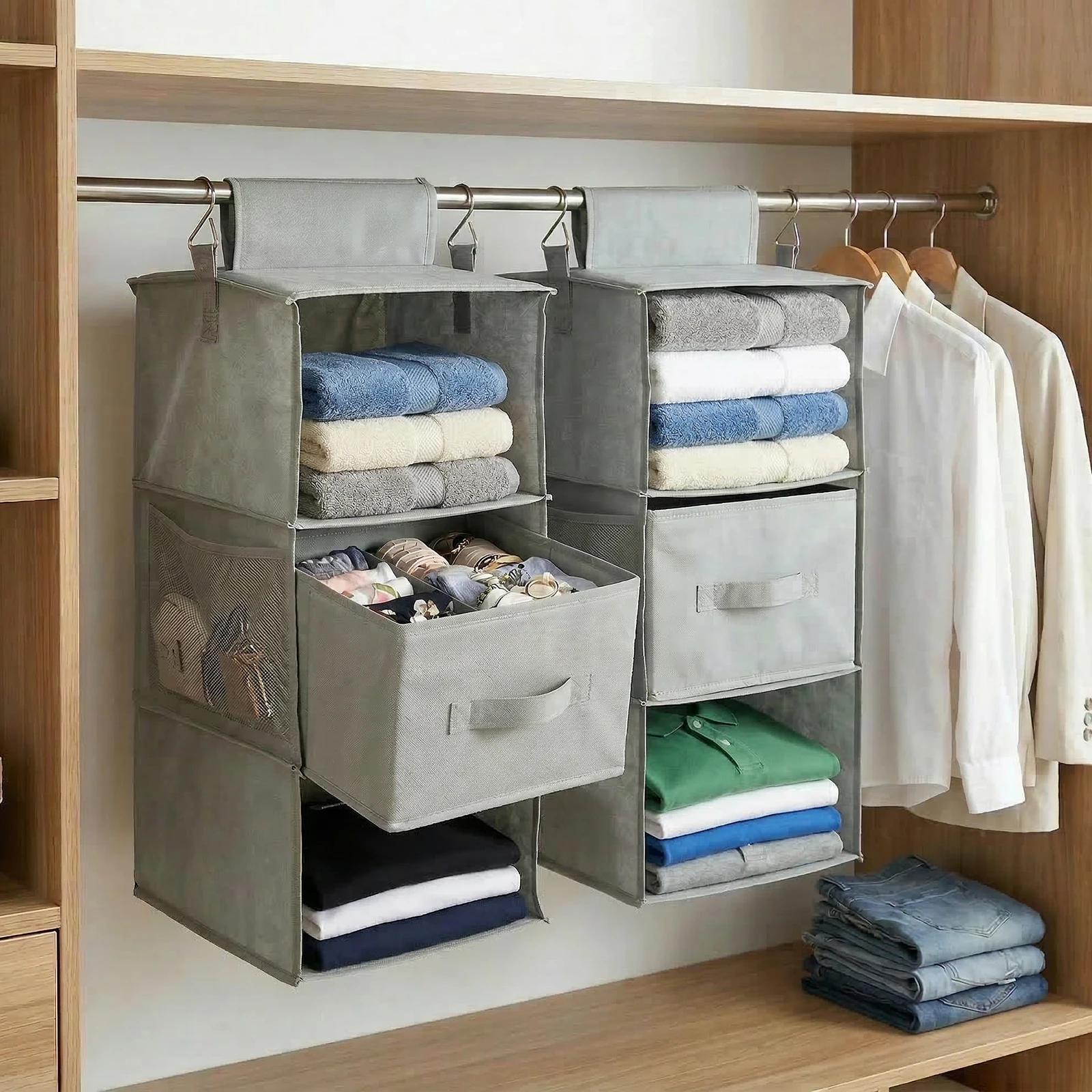 

2Pcs Wardrobe Hanging Storage Bag 3 Tier Multifunctional Clothing Organizing Bag Foldable Wardrobe for Clothing Accessories