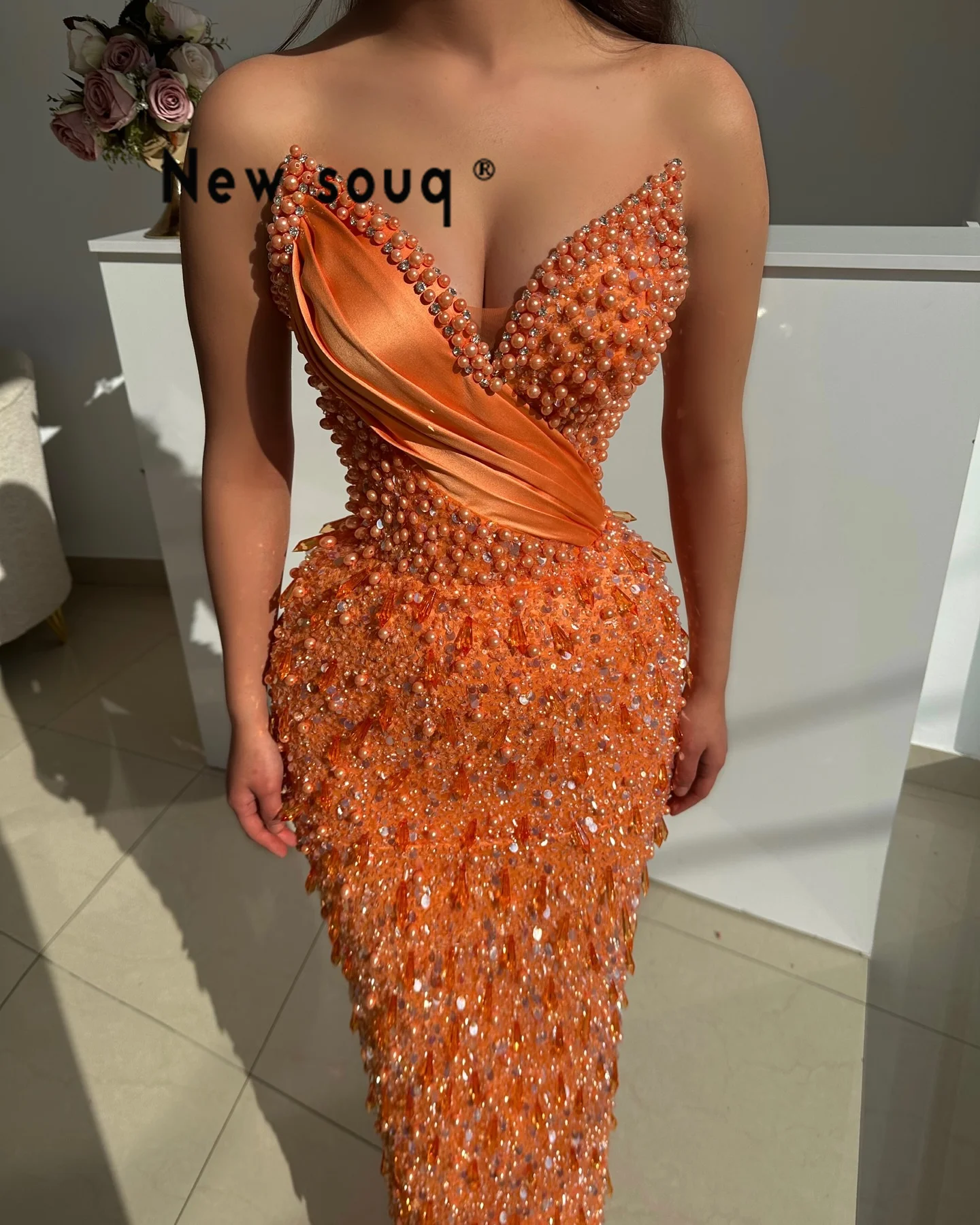 2025 Customized Orange Mermaid Prom Dresses Sweetheart Crystals Pearl Evening Gowns Birthday Engagement Dress Long Party Dresses
