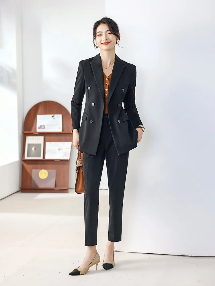 

Костюм Ele Bla: Женский профессиональный костюм для собеседования, осенний деловой костюм для женщин, приталенный, с длинным рукавом, двойной...