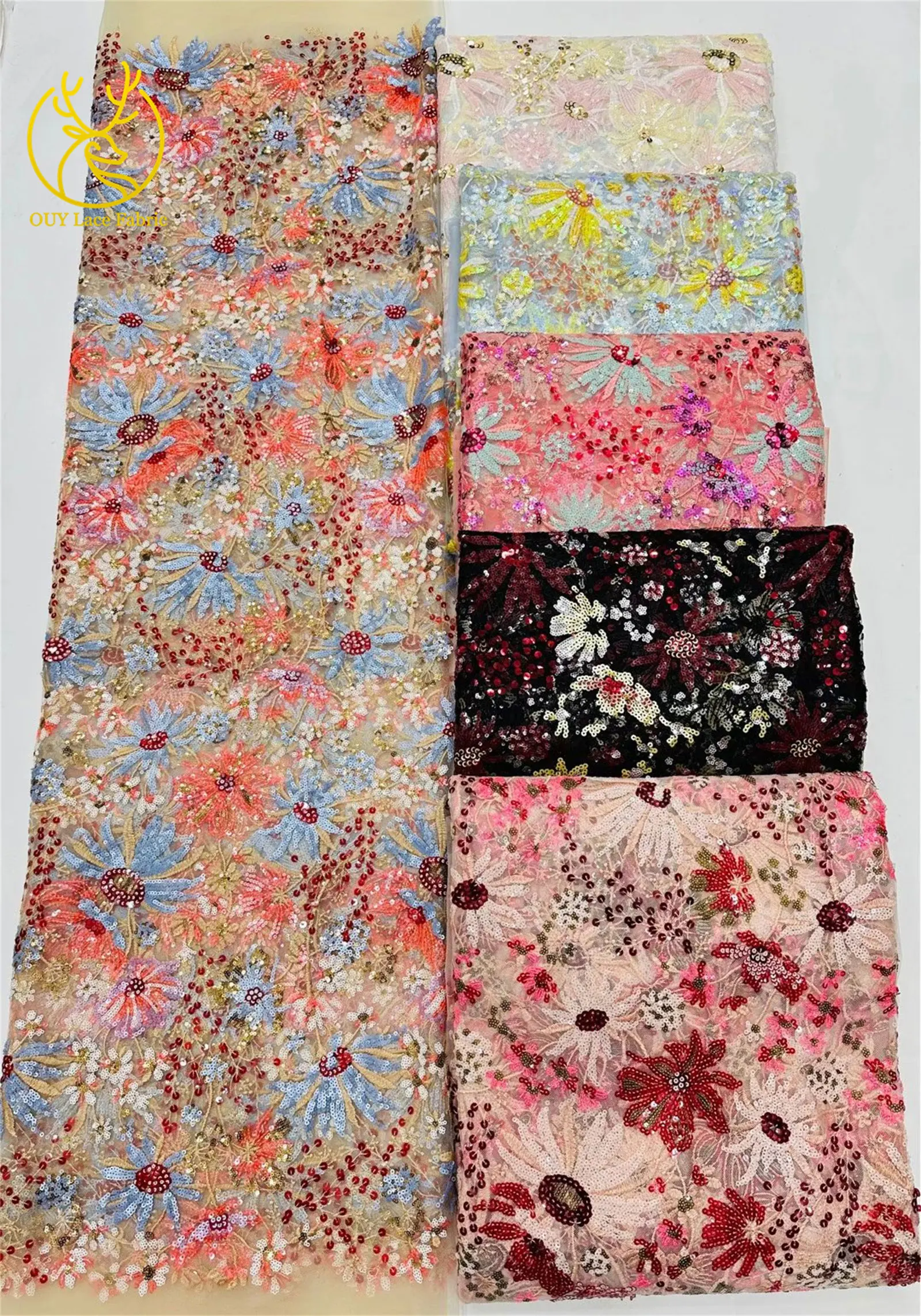 5 Yards des neuesten afrikanischen Pailletten bestickten Spitzenstoffs, hochwertiger französischer nigerianischer Mesh-Tüll-Spitzenstoff, Partykleid – Detail 20
