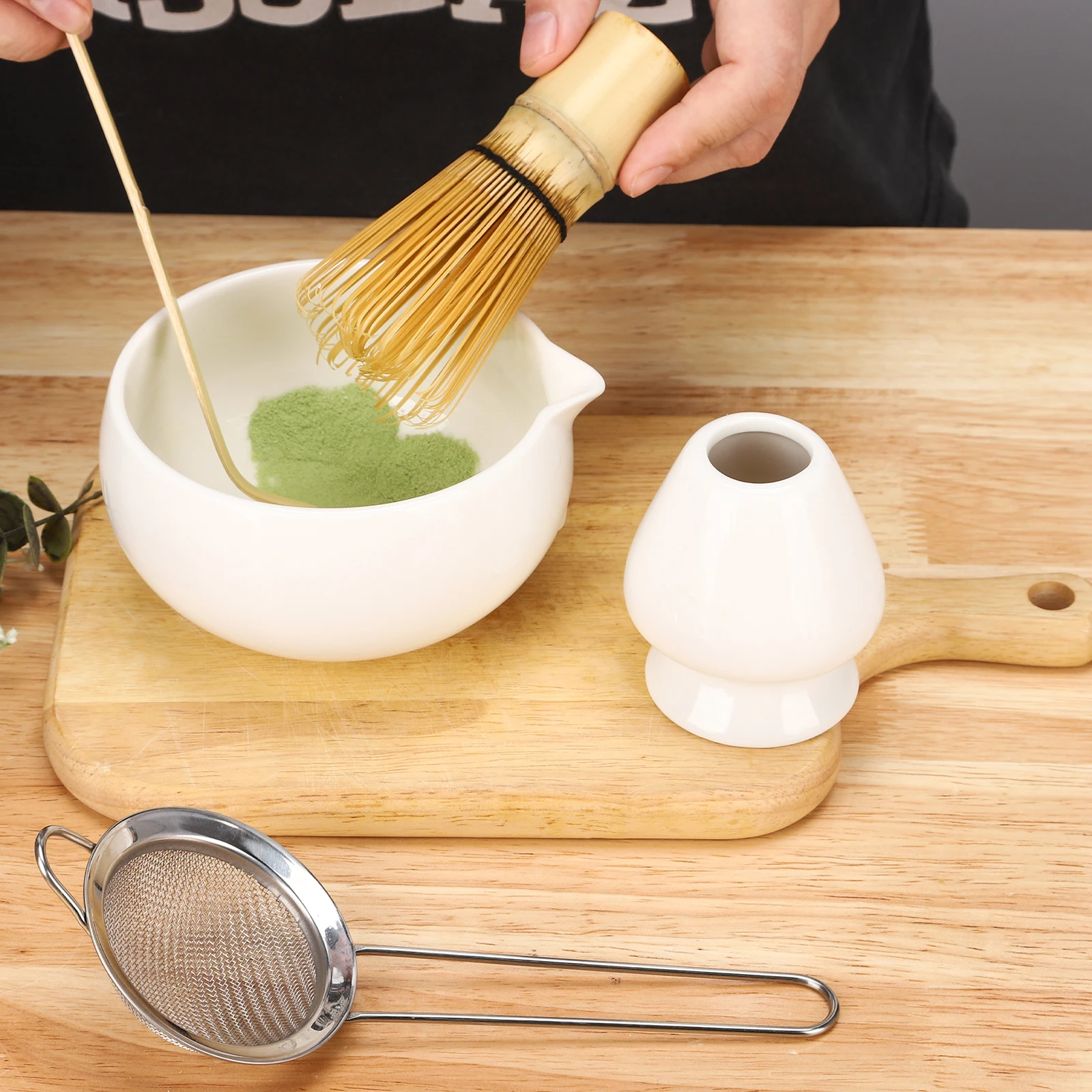 Matcha mixing tool with stainless steel sieve ceramic bowl bamboo brush to make matcha set