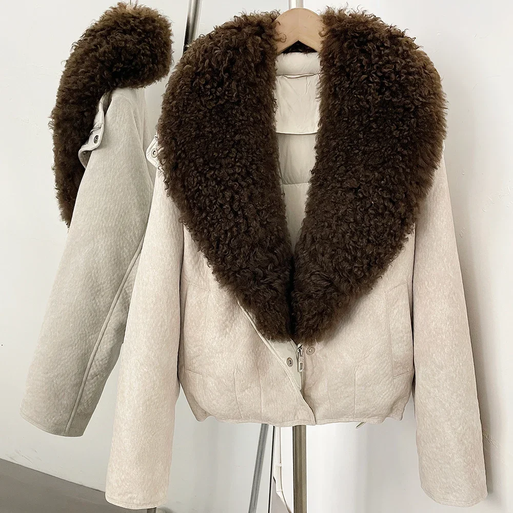 OFTBUY Echter Lammfellkragen Warmer Dicker Puffermantel Kurze Reißverschlussjacke mit Fell für Damen Neue Winter-Daunenkleidung für Frauen – Detail 16