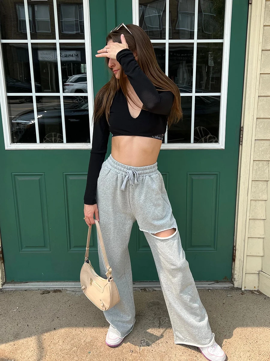 Hole Raw Trim Drawstring Sweatpants Woman Autumn Cotton Loose Straight Trousers Gray Simple Streetwear Fashion Long Pants Y2k