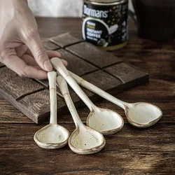 Japanese Ceramic Soup Spoon Stoneware Spoon Long Handle Household Creative Rice Coffee Cup Spoon Ladle Kitchen Tableware