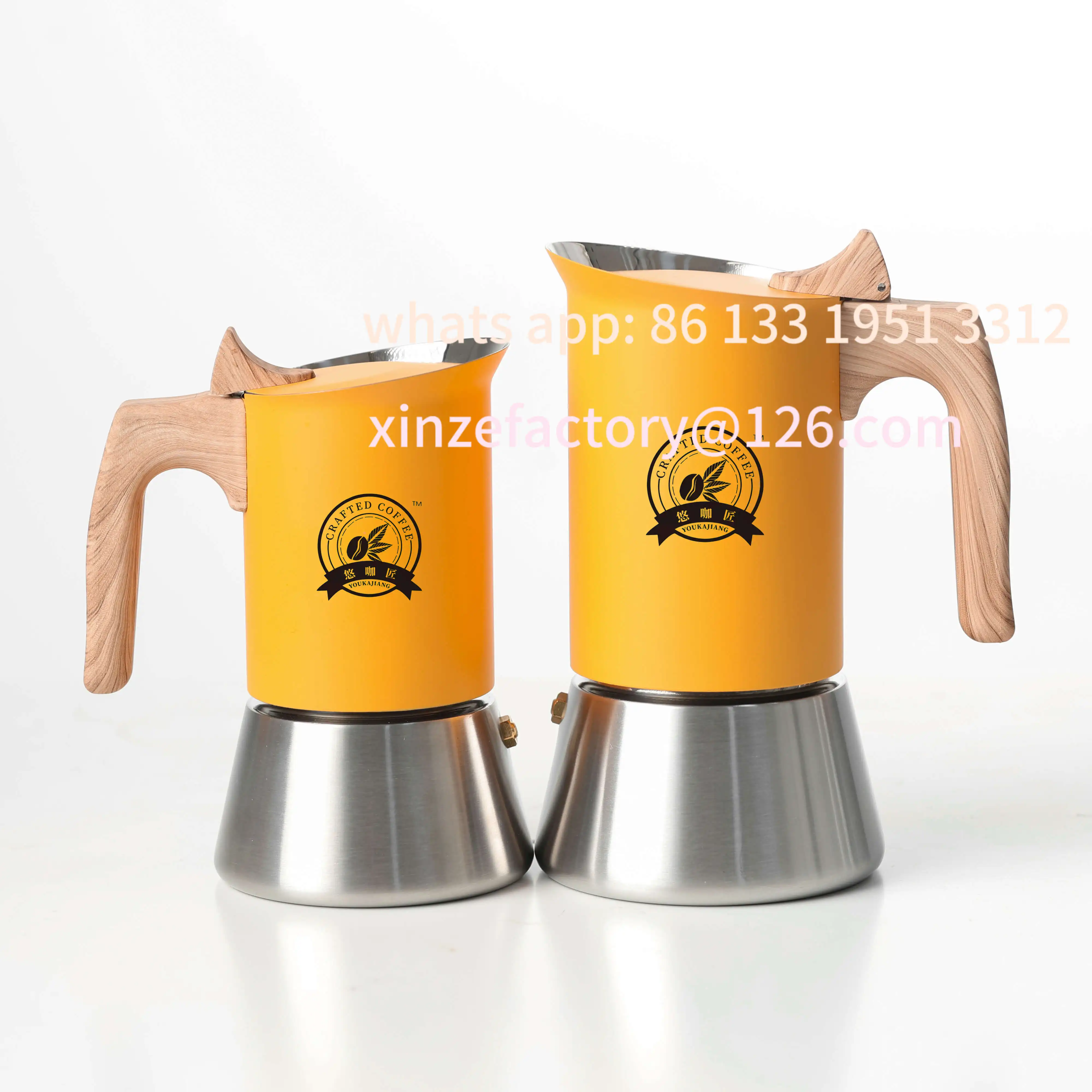 وعاء موكا من الفولاذ المقاوم للصدأ 4/6 قابل للتخصيص، أصفر غير لامع، طراز شمالي. الاستخدام المنزلي/المكتب/الخارجي. يعمل على الحث والغاز