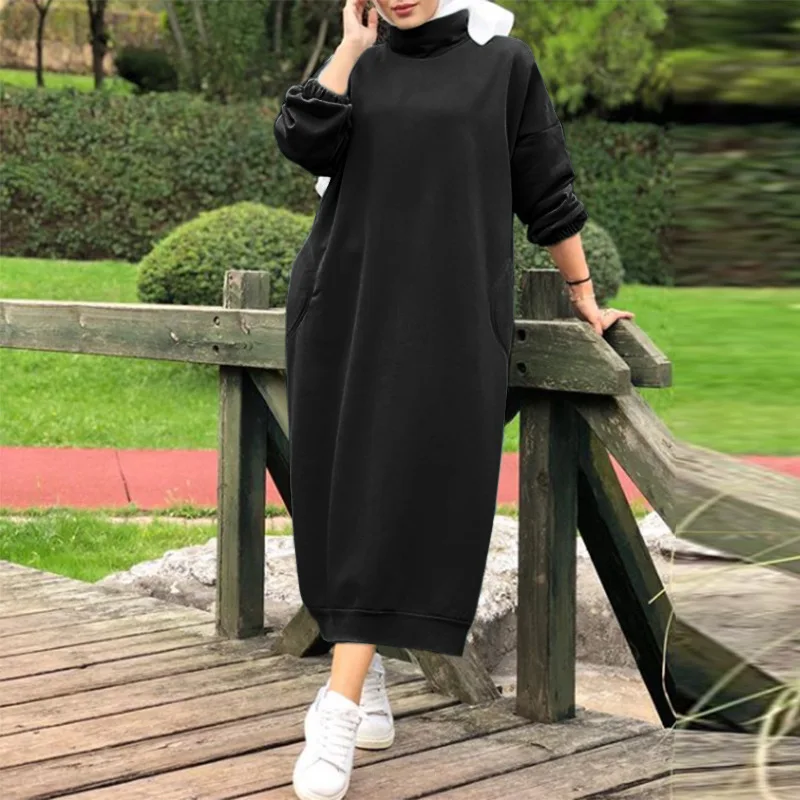Hooded Midi Tunic Dress for Women Drawstring Long Sleeve Side Pocket Casual Sweatshirt Dress