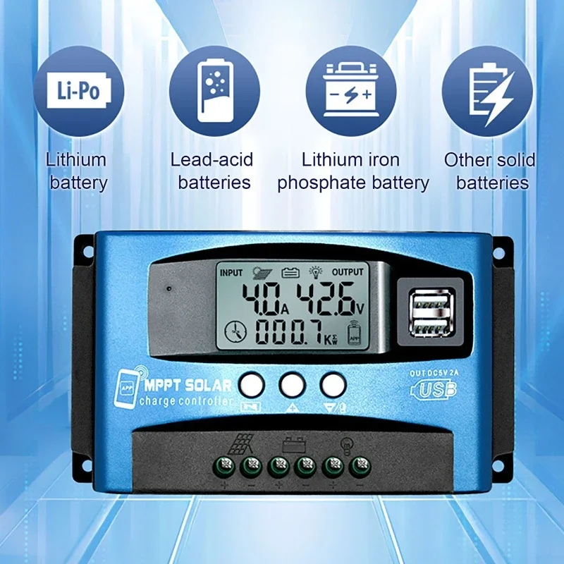 30A 40A 50A 60A 100A MPPT Solar Charge Controller APP Bluetooth LCD Display 12V/24V Dual USB Solar Cell Panel Charger Regulator