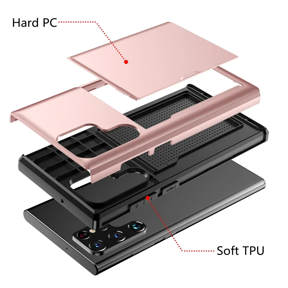 Funda con tarjeta deslizante para Samsung Galaxy S24 S23 Ultra S22 S21 S20 FE S10 Plus, carcasa dura para teléfono Galaxy Note 20 10 9