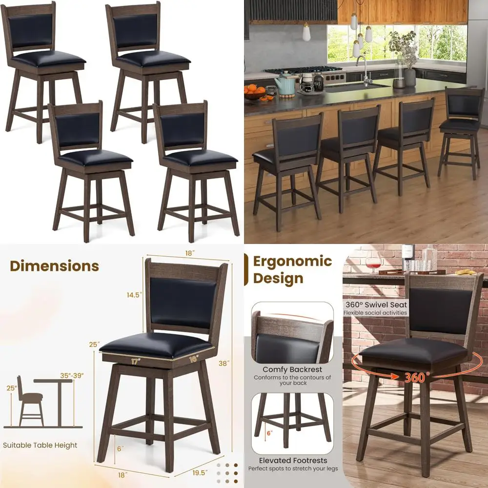 Zestaw 4 tapicerowanych krzeseł barowych obrotowych z ergonomicznym oparciem, podnóżkiem i nogami z drewna kauczukowego, drewno z imitacji skóry