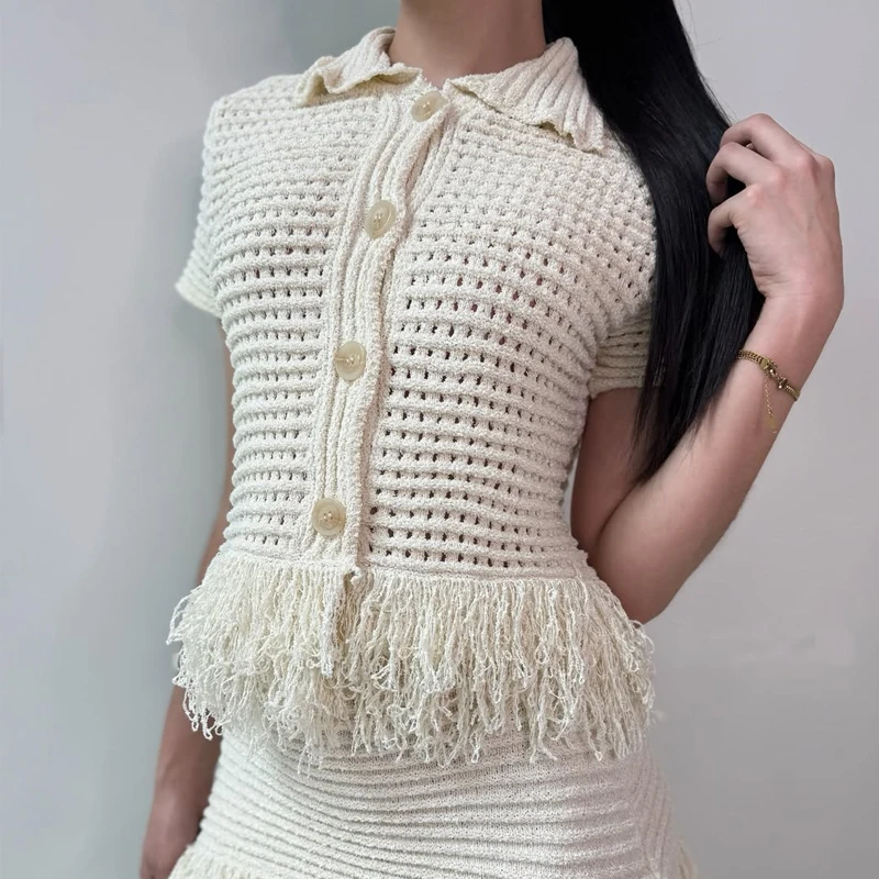 Cárdigan con borlas, cárdigan de punto corto con botones de verano para mujer, cárdigan de ganchillo blanco, blusa informal de oficina, Top de punto para mujer