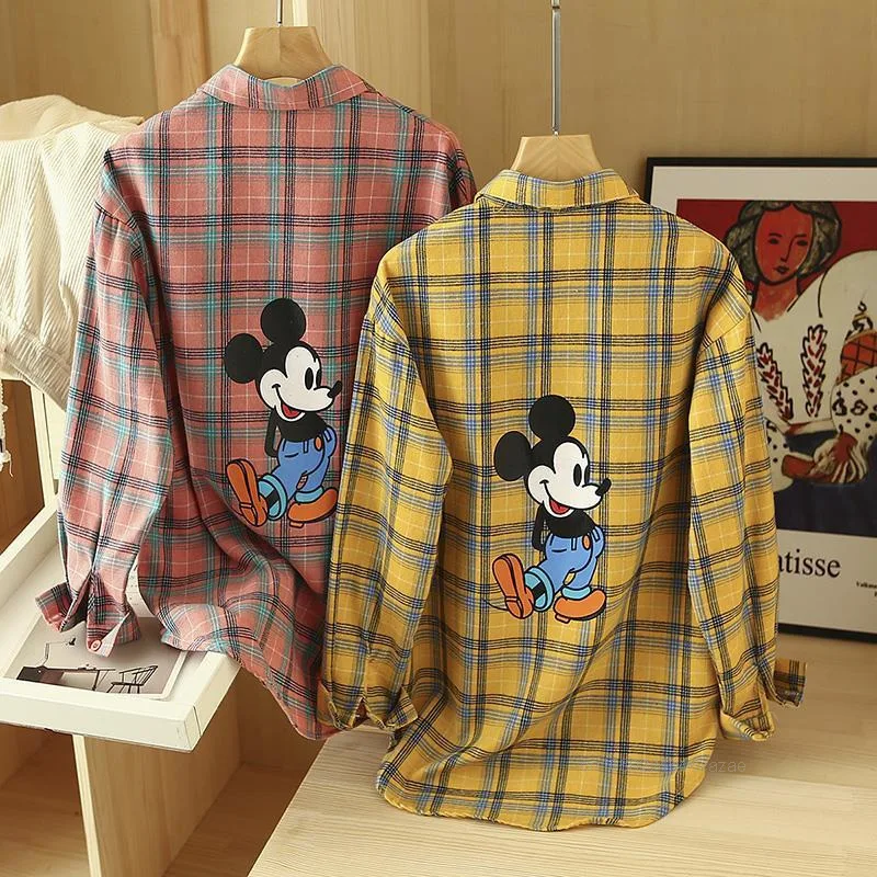 Disney tureMouse-Chemise à Carreaux pour Femme, Chemisier à Manches sulf, Version Coréenne, Tendance Simple, Chemise Polyvalente, Printemps et Automne, Nouveau