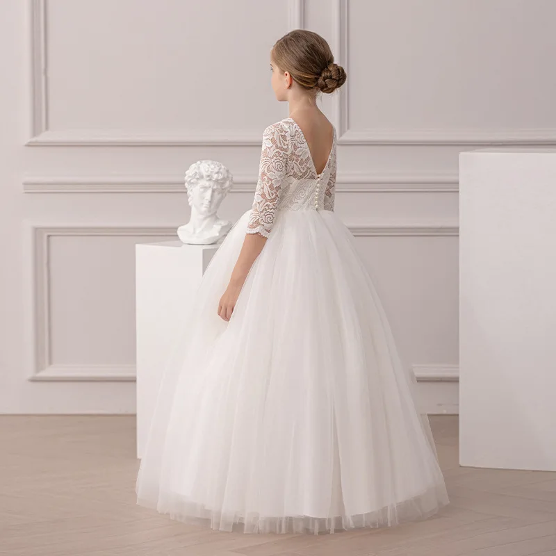 

Summer New Girls' White Embroidered Evening Dress Birthday Party Long Princess Dress Flower Girl Wedding Dress Fluffy Skirt