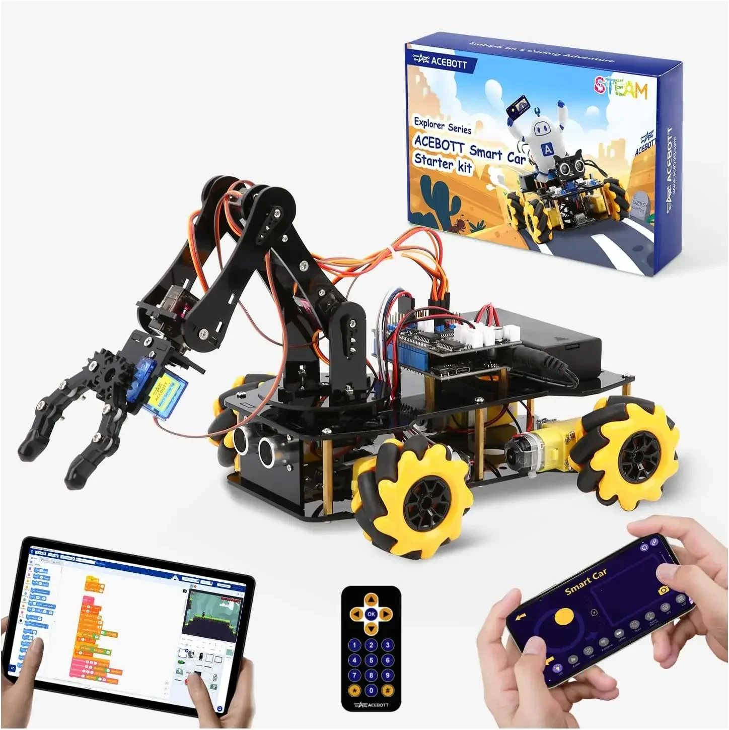 

Робототехника для детей 8-12 лет, набор ACEBOTT Smart Robot Arm Car Kit с 5 степенями свободы, STEM-игрушки для мальчиков 8-12 лет, программирование на ESP32 Arduino/Python