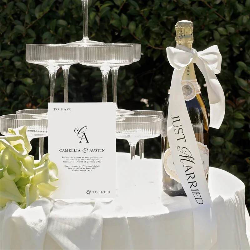 50pcs White Satin Wedding Ribbon Just Married Band For Champagne Bottle Decoration Elegant Decor For Brides Couples Anniversary