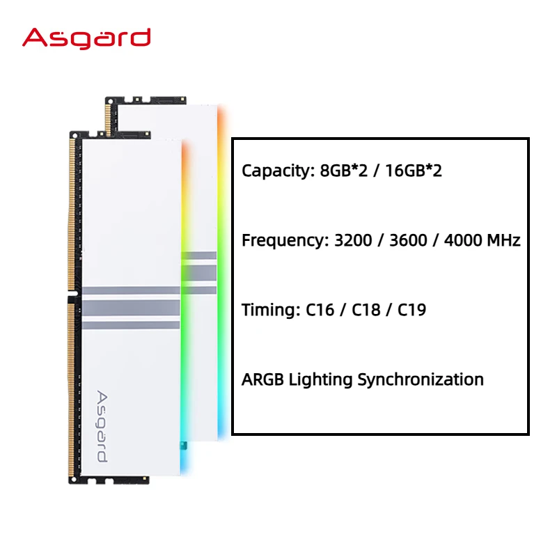 

Настольная память Asgard Valkyrie DDR4, 8 ГБ/16 ГБ, 3200/3600/4000 МГц, световая панель RGB, выбранные чипы, белая оперативная память
