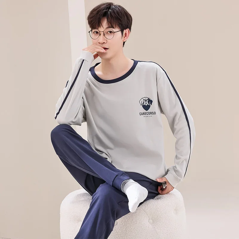 

2023 Autumn Long Sleeve 100% Cotton Pajama Sets for Men Korean Loose Sleepwear Suit Pyjama Male Homewear Loungewear Home Clothes