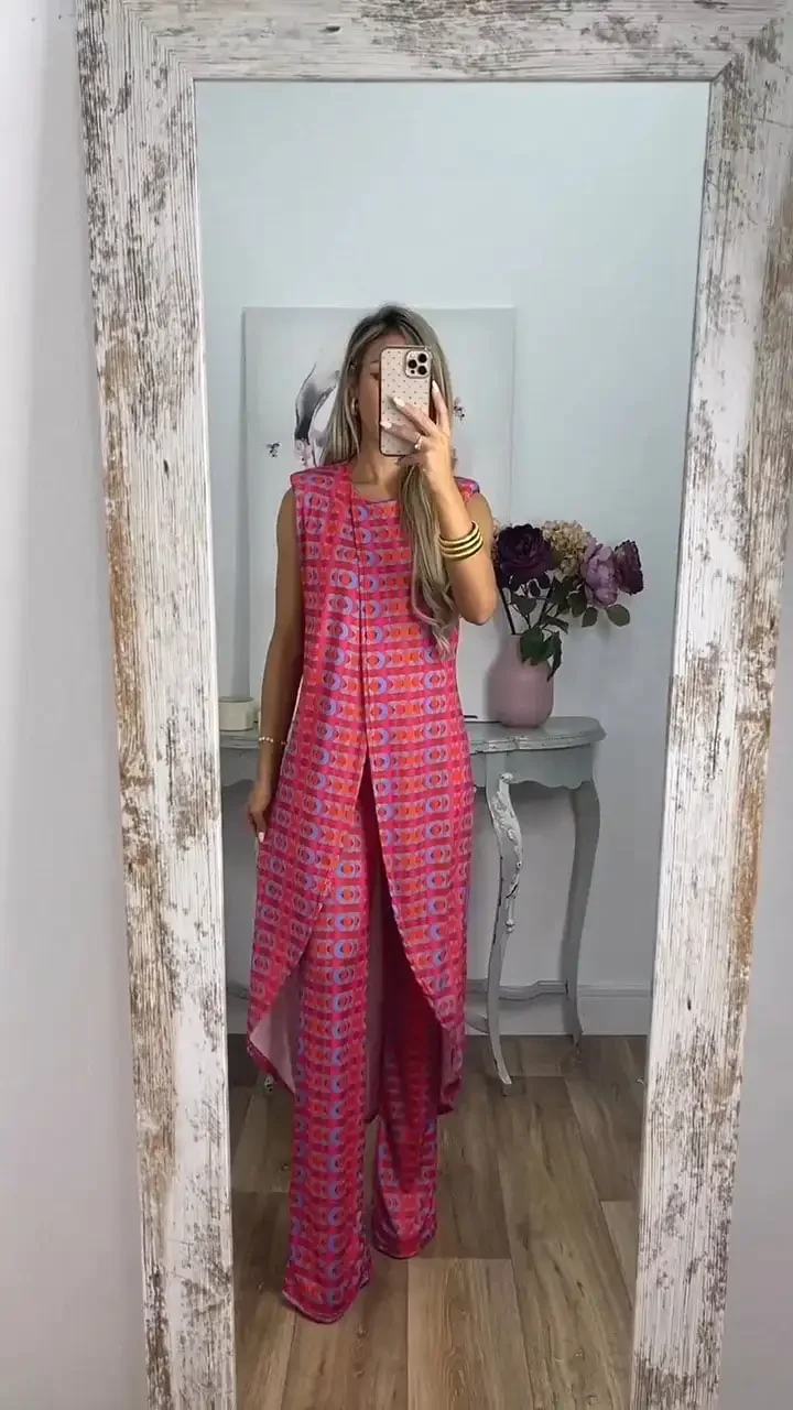 Abstract Printed Comfy Suit Women Bohemian Print 2 Piece Set Summer Suits O Neck Sleeveless Loose Extended Tank Matching Sets