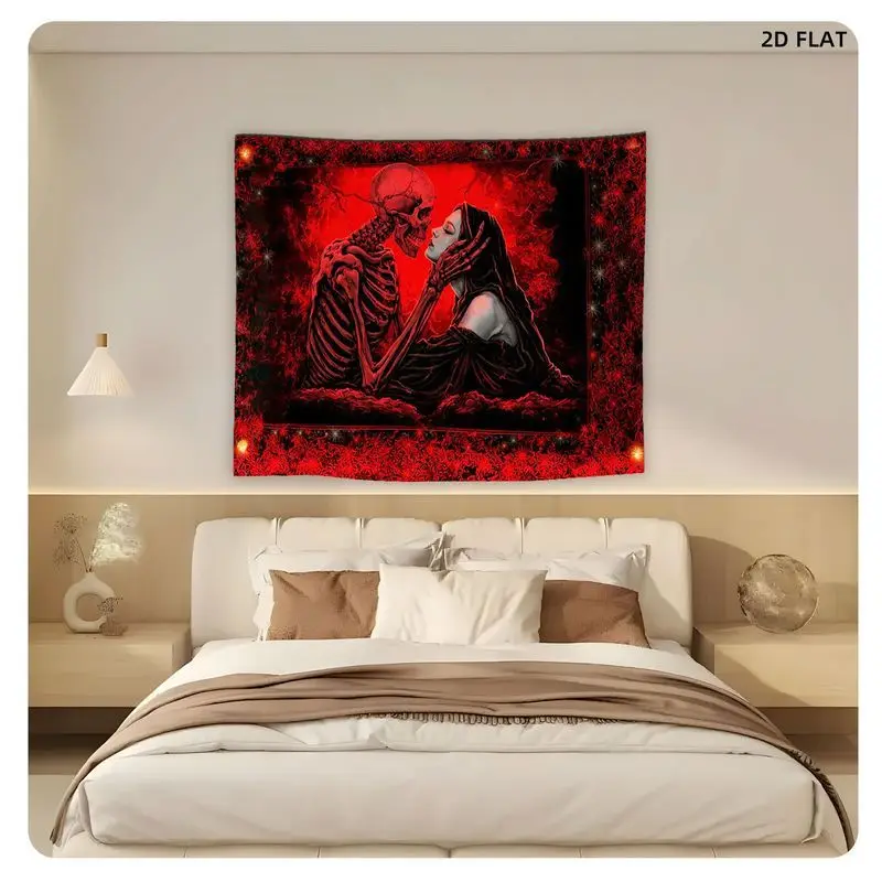 VIKAMA Dark Romantic Skeleton Lover Tapestry Red Black Gothic Kiss Skull Wall Hanging Horror Dorm Bedroom Wall Art Decor