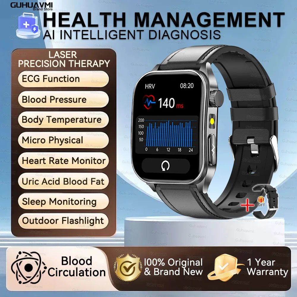 2026 Nieuwe Gezondheid Smart Horloge Laser Therapie Verminderen Drie Hoogtepunten Bloed Zuurstof Druk Urinezuur Bloed Lipide ECG Smartwatch Voor Man
