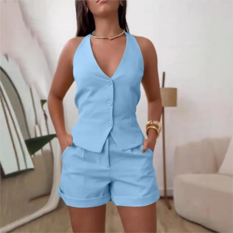 Conjunto elegante de chaleco y pantalones cortos con una botonadura para mujer, chaleco sin mangas con cuello en V liso + pantalones cortos ajustados de cintura alta, conjunto de 2 piezas
