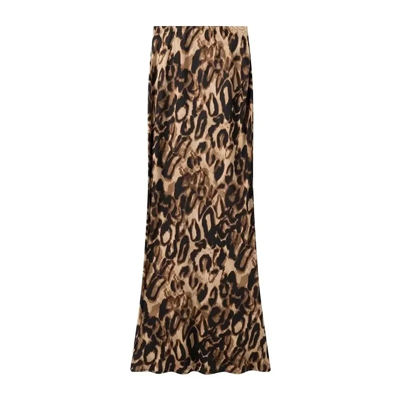 

Leopard Print Midi Skirt High Waist Long Skirts For Women Vintage Streetwear Satin Skirt Summer Elegant Women's Skirts